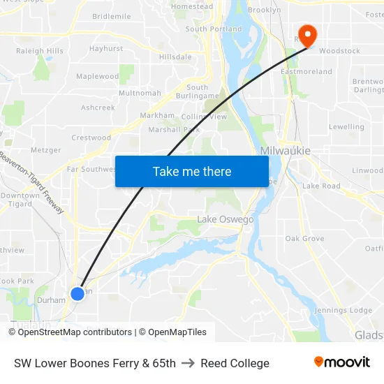 SW Lower Boones Ferry & 65th to Reed College map