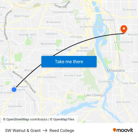 SW Walnut & Grant to Reed College map