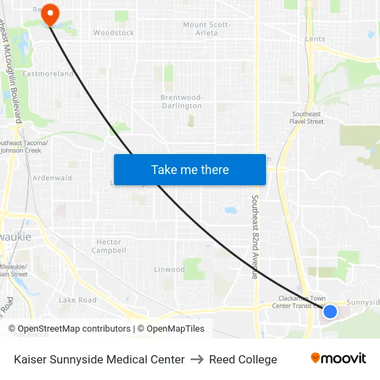 Kaiser Sunnyside Medical Center to Reed College map