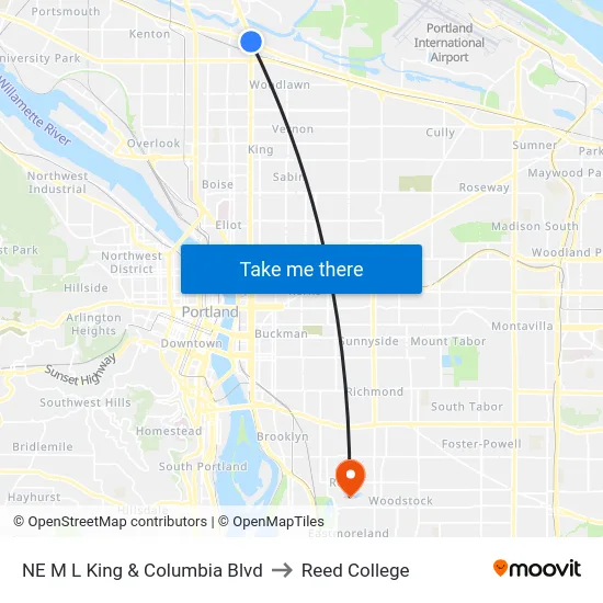 NE M L King & Columbia Blvd to Reed College map