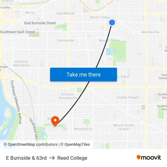 E Burnside & 63rd to Reed College map