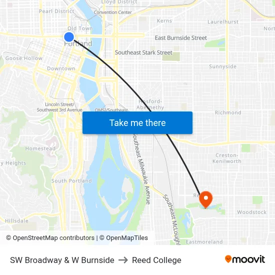 SW Broadway & W Burnside to Reed College map