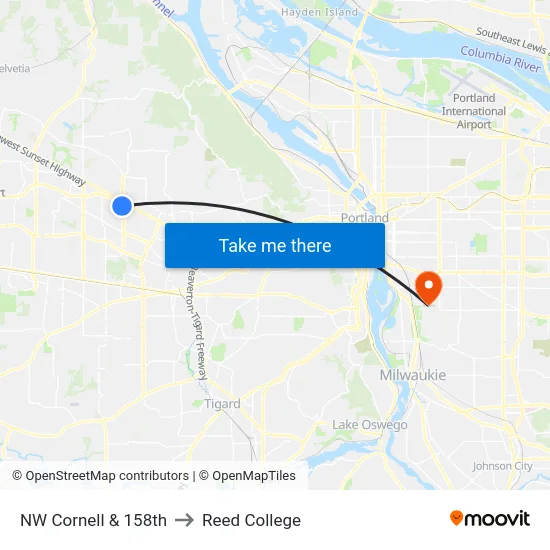 NW Cornell & 158th to Reed College map