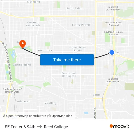 SE Foster & 94th to Reed College map