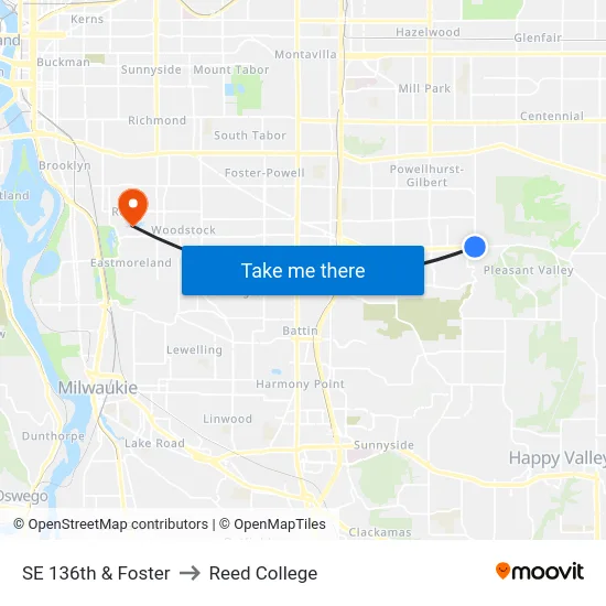 SE 136th & Foster to Reed College map