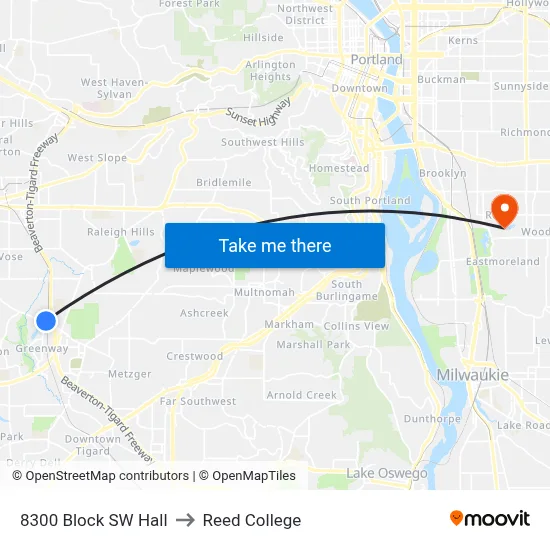 8300 Block SW Hall to Reed College map