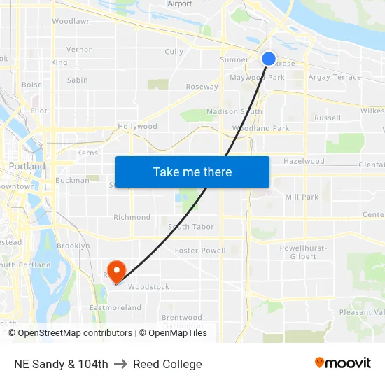 NE Sandy & 104th to Reed College map