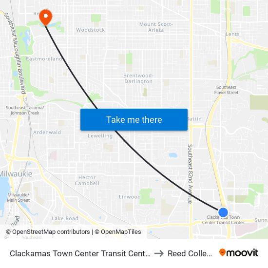 Clackamas Town Center Transit Center to Reed College map