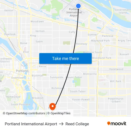 Portland International Airport to Reed College map