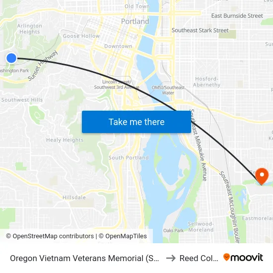 Oregon Vietnam Veterans Memorial (Southbound) to Reed College map
