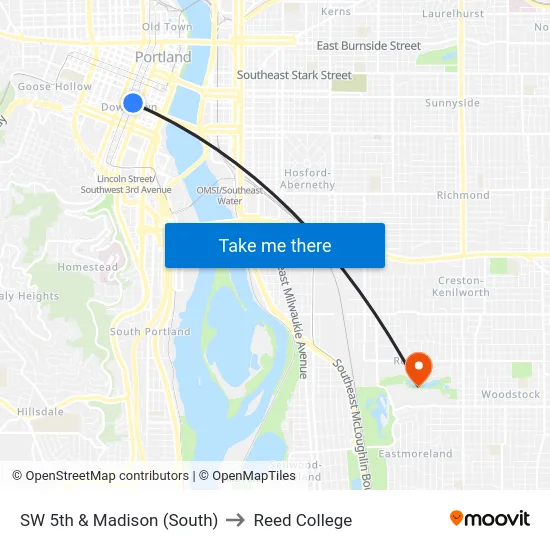 SW 5th & Madison (South) to Reed College map