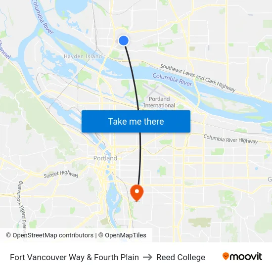 Fort Vancouver Way & Fourth Plain to Reed College map