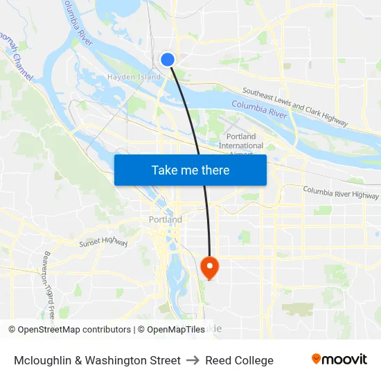 Mcloughlin & Washington Street to Reed College map