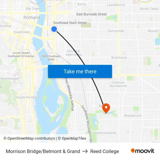 Morrison Bridge/Belmont & Grand to Reed College map