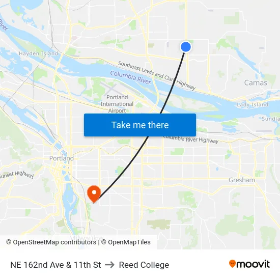 NE 162nd Ave & 11th St to Reed College map