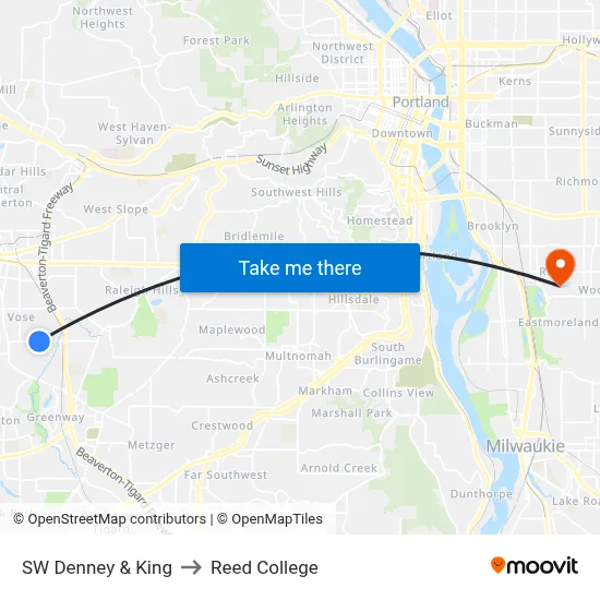 SW Denney & King to Reed College map