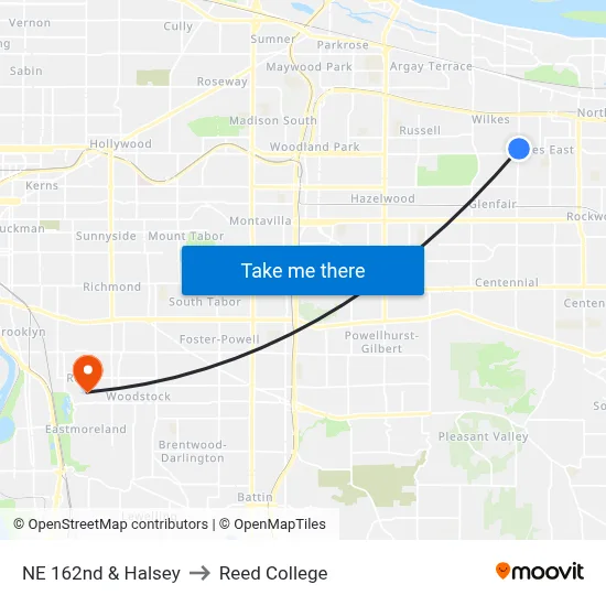 NE 162nd & Halsey to Reed College map