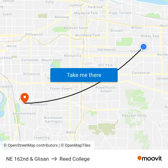 NE 162nd & Glisan to Reed College map