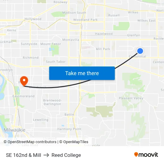 SE 162nd & Mill to Reed College map