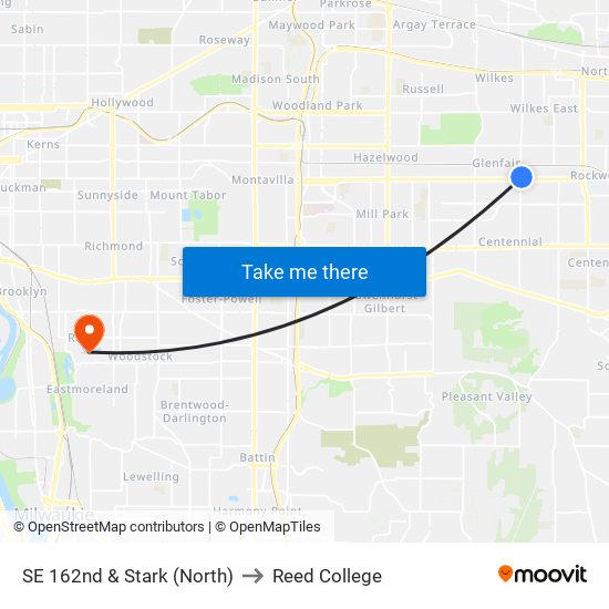 SE 162nd & Stark (North) to Reed College map