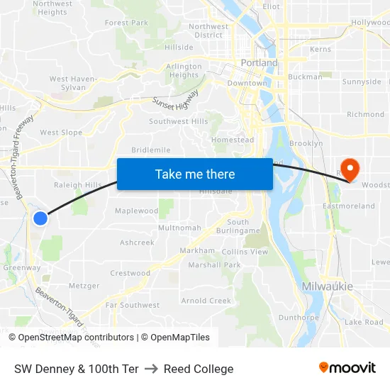 SW Denney & 100th Ter to Reed College map