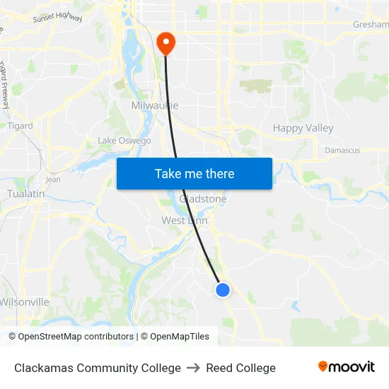 Clackamas Community College to Reed College map