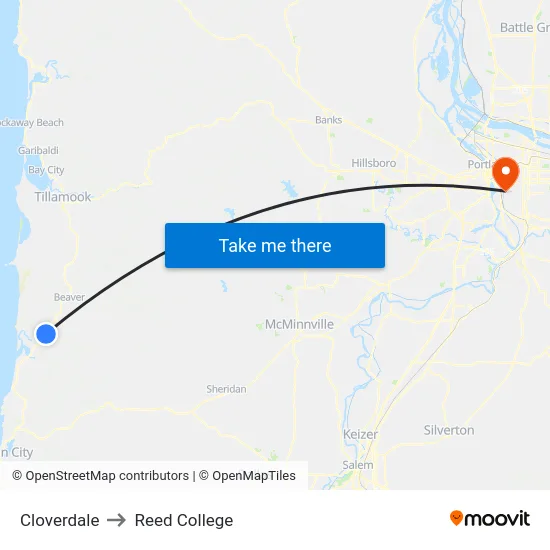 Cloverdale to Reed College map