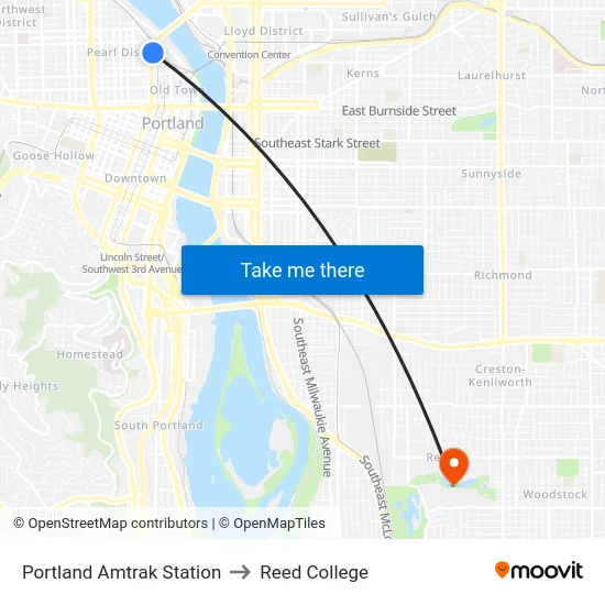 Portland Amtrak Station to Reed College map