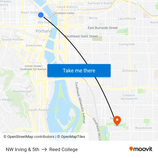 NW Irving & 5th to Reed College map