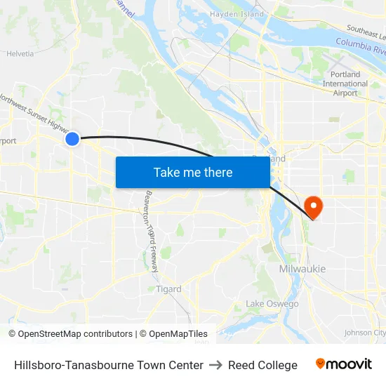 Hillsboro-Tanasbourne Town Center to Reed College map