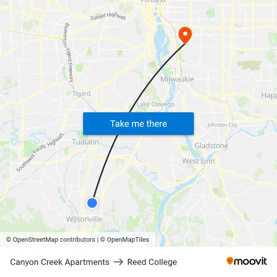 Canyon Creek Apartments to Reed College map