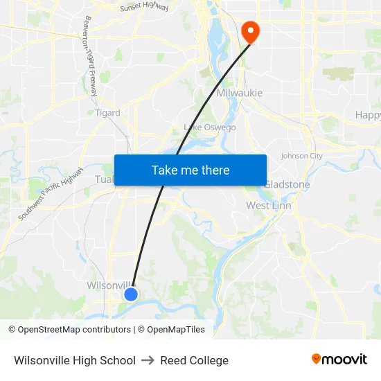Wilsonville High School to Reed College map