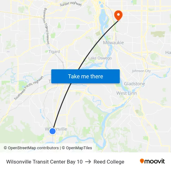 Wilsonville Transit Center Bay 10 to Reed College map