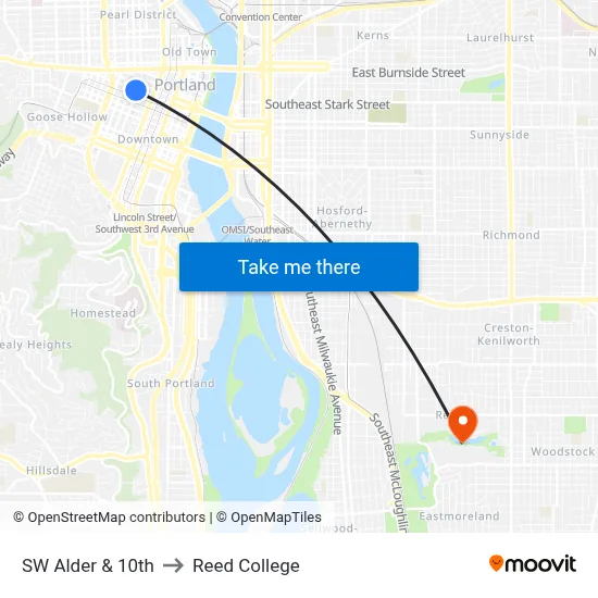 SW Alder & 10th to Reed College map