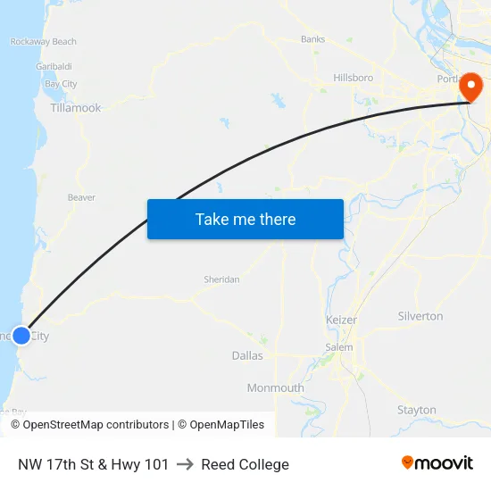 NW 17th St & Hwy 101 to Reed College map