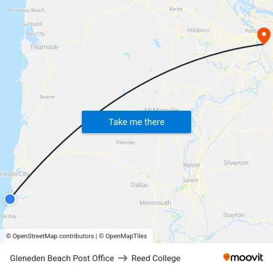 Gleneden Beach Post Office to Reed College map
