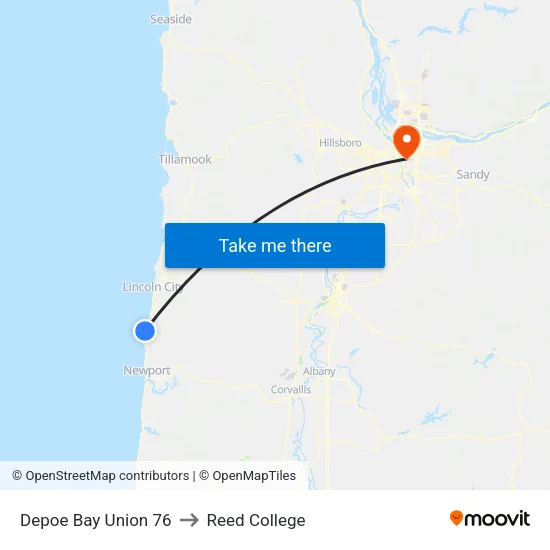 Depoe Bay Union 76 to Reed College map