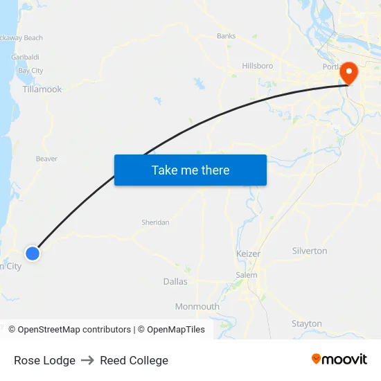 Rose Lodge to Reed College map