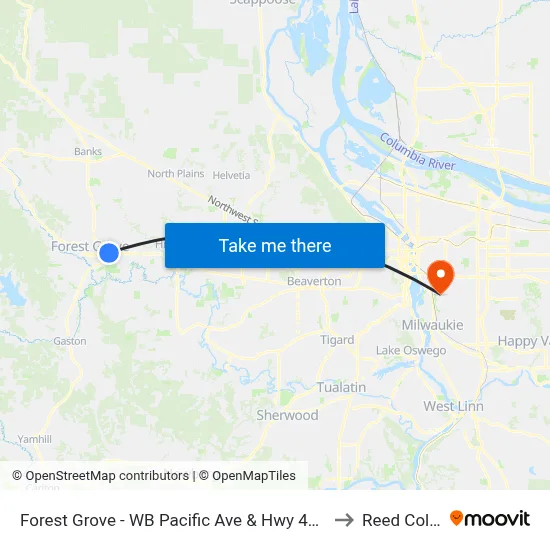 Forest Grove - WB Pacific Ave & Hwy 47 (Tm 4307) to Reed College map