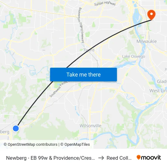 Newberg - EB 99w & Providence/Crestview to Reed College map