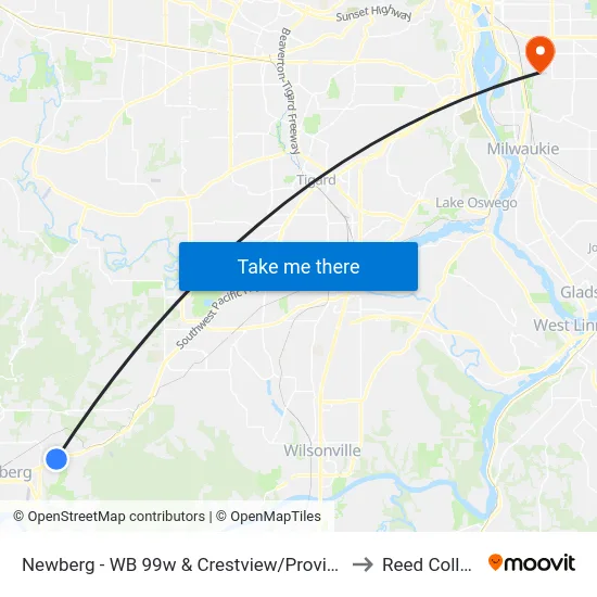 Newberg - WB 99w & Crestview/Providence to Reed College map