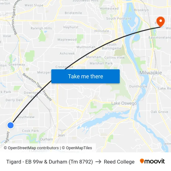 Tigard - EB 99w & Durham (Tm 8792) to Reed College map