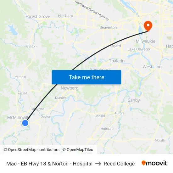 Mac - EB Hwy 18 & Norton - Hospital to Reed College map