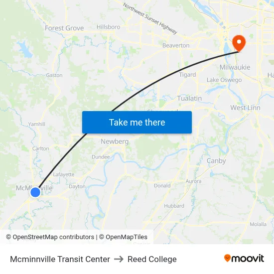 Mcminnville Transit Center to Reed College map