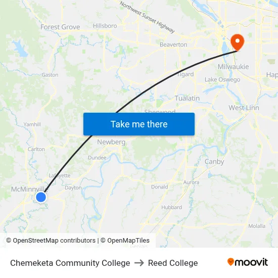Chemeketa Community College to Reed College map