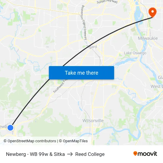 Newberg - WB 99w & Sitka to Reed College map