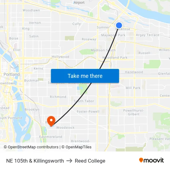 NE 105th & Killingsworth to Reed College map