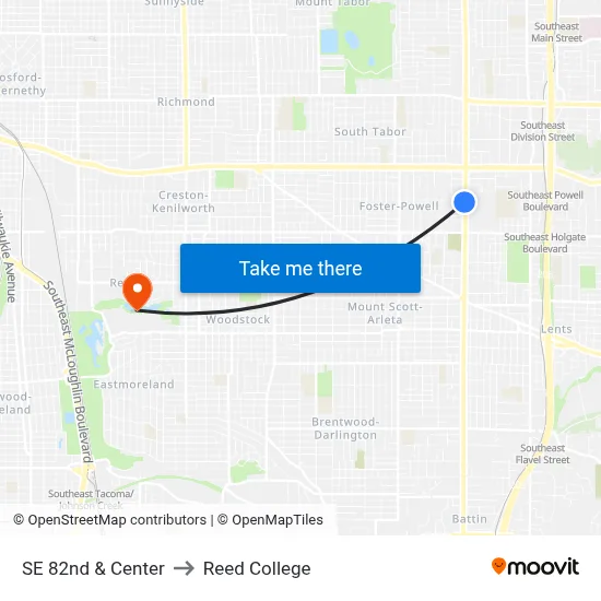 SE 82nd & Center to Reed College map
