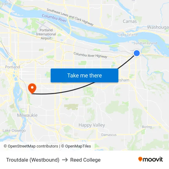 Troutdale (Westbound) to Reed College map