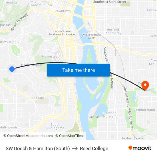 SW Dosch & Hamilton (South) to Reed College map